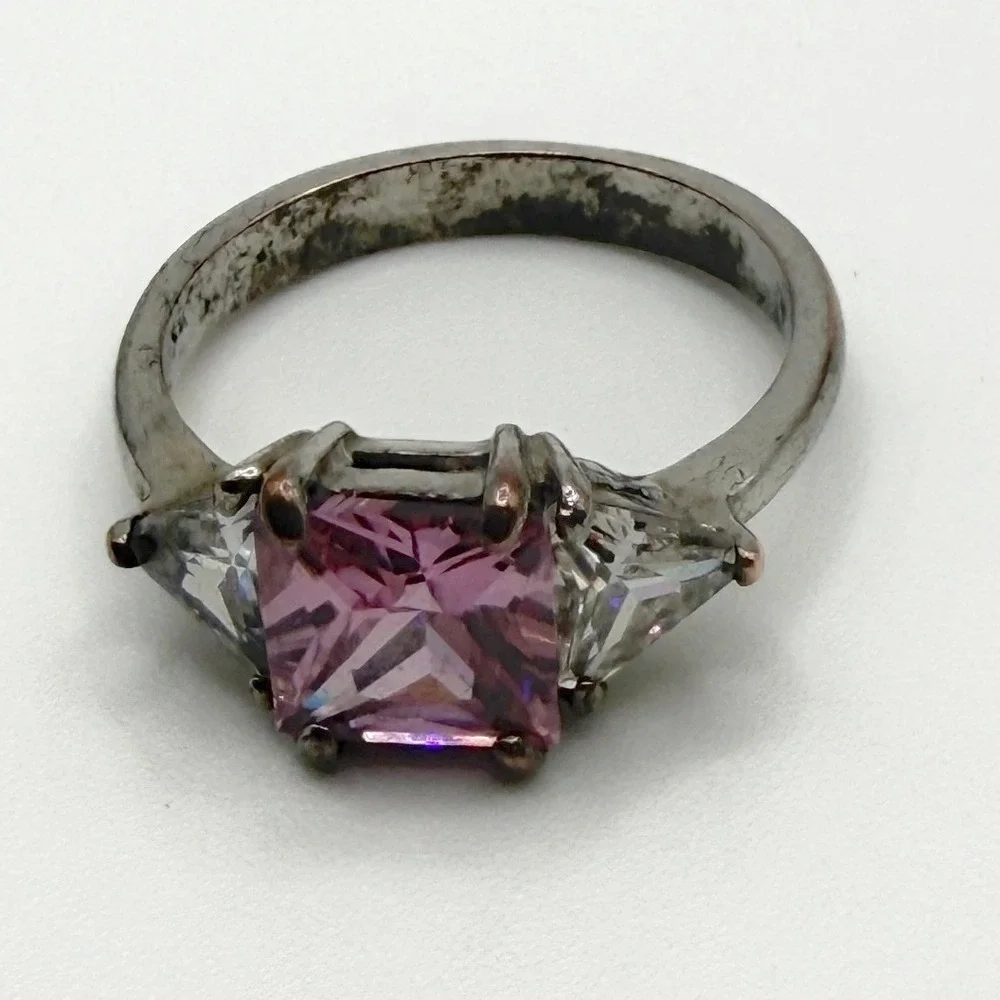 Pink‎ Glass Stone Ring Silver Tone Vintage Style Size 9